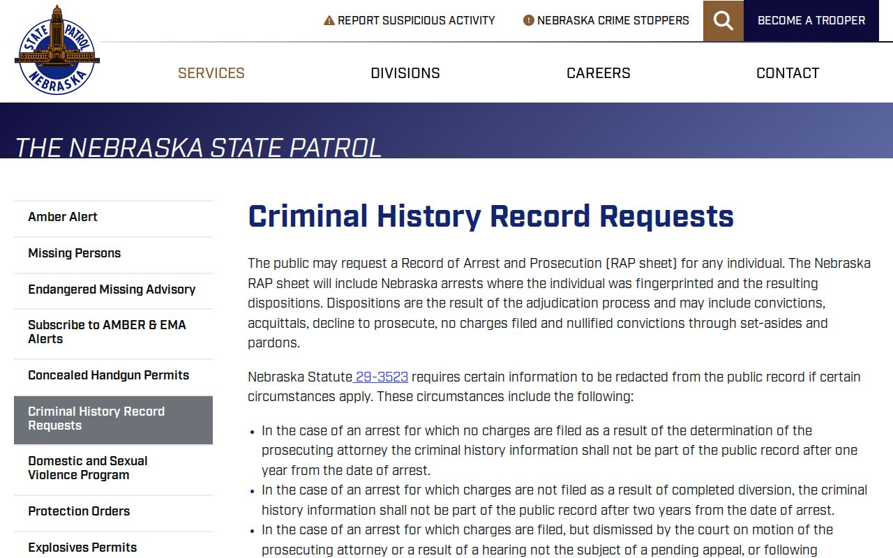 Nebraska State Patrol RAP options for Blaine County arrest history