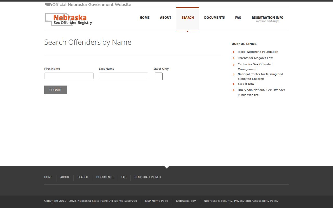 Name fields for a Blaine County sex offender registry search